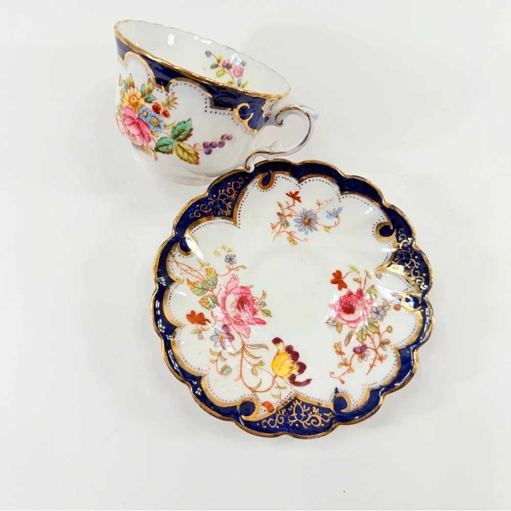 DRESDEN SPRAYS PORCELAIN TEACUP CUP & SAUCER SET, COBALT BLUE, GOLD, FLOWER, VTG